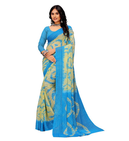 Generic Women's Georgette Striped Printed Saree With Unstitched Blouse 5.5Mtr (Blue-Pale Yellow)