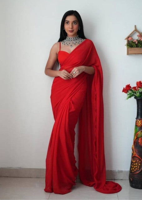 Generic Women's Georgette Solid Saree With Unstitched Blouse 5.5Mtr (Red)