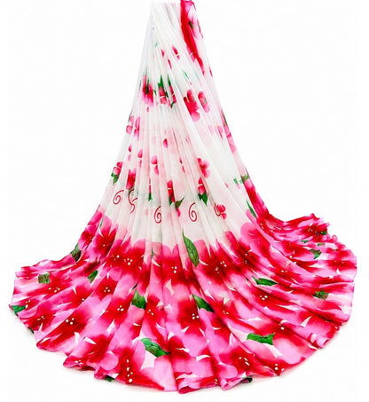 Generic Women's Georgette Floral Printed Saree With Unstitched Blouse 5.5Mtr (White-Pink)