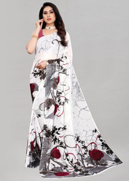 Generic Women's Georgette Printed Saree With Unstitched Blouse 5.5Mtr (White)