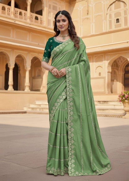 Generic Women's Georgette Embroidered Saree With Unstitched Blouse 5.5Mtr (Pista Green)