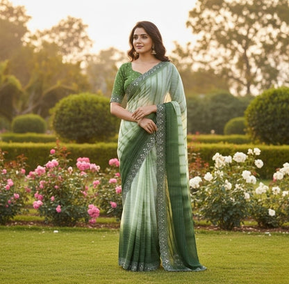 Generic Women's Georgette Striped Saree With Unstitched Blouse 5.5Mtr (Green)