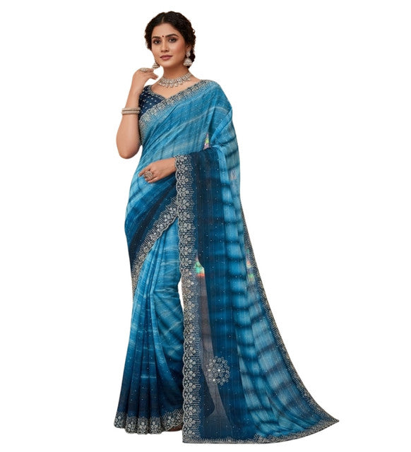Generic Women's Georgette Striped Saree With Unstitched Blouse 5.5Mtr (Blue)