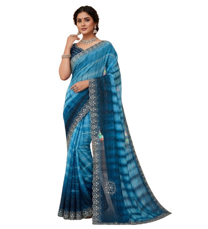Generic Women's Georgette Striped Saree With Unstitched Blouse 5.5Mtr (Blue)
