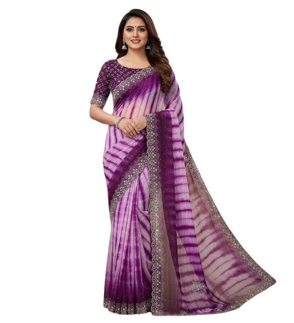 Generic Women's Georgette Striped Saree With Unstitched Blouse 5.5Mtr (Wine)