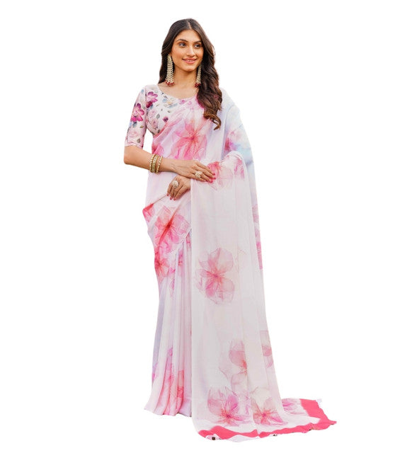 Generic Women's Georgette Floral Printed Saree With Unstitched Blouse 5.5Mtr (Off White-Pink)