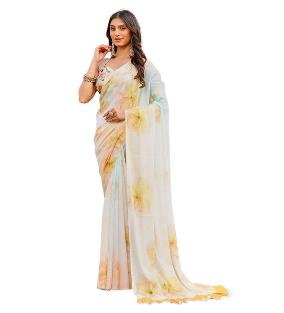 Generic Women's Georgette Floral Printed Saree With Unstitched Blouse 5.5Mtr (Off White-Yellow)