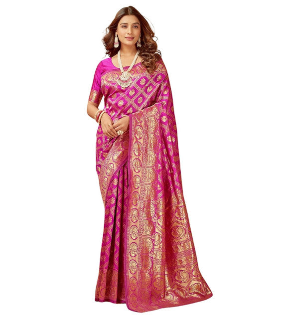 Generic Women's Jacquard Printed Saree With Unstitched Blouse 5.5Mtr (Pink)