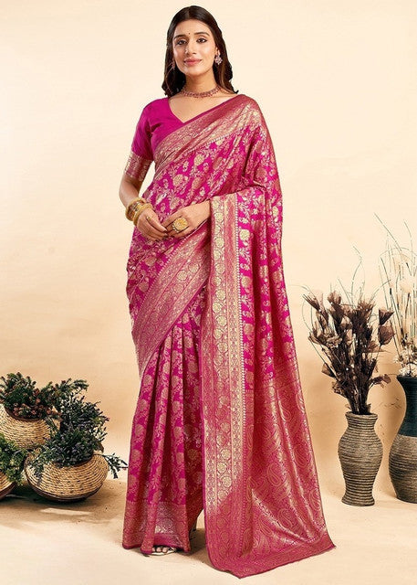 Generic Women's Jacquard Printed Saree With Unstitched Blouse 5.5Mtr (Pink)