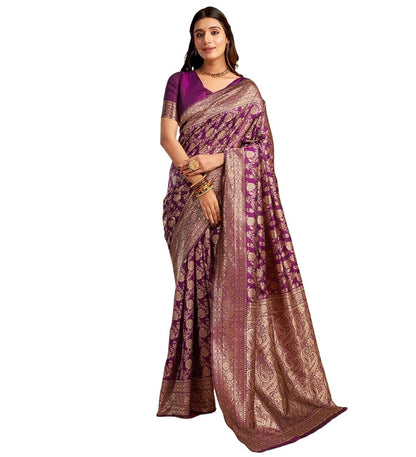 Generic Women's Jacquard Printed Saree With Unstitched Blouse 5.5Mtr (Purple)
