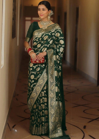 Generic Women's Jacquard Printed Saree With Unstitched Blouse 5.5Mtr (Bottle Green)