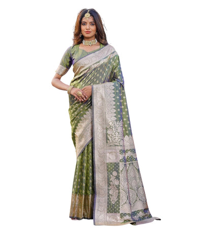Generic Women's Jacquard Printed Saree With Unstitched Blouse 5.5Mtr (Olive Green)