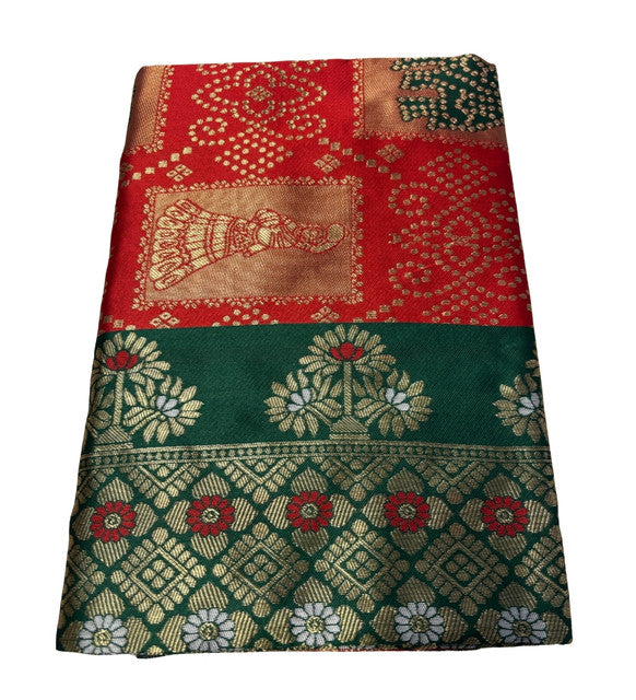 Generic Women's Jacquard Printed Saree With Unstitched Blouse 5.5Mtr (Red)