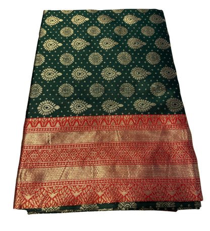 Generic Women's Jacquard Printed Saree With Unstitched Blouse 5.5Mtr (Bottle Green)