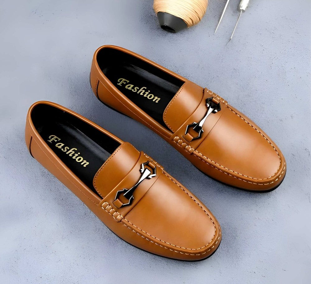 Generic Men's Synthetic Leather Solid Slip-On Casual Loafers With Metal Bit (Tan)