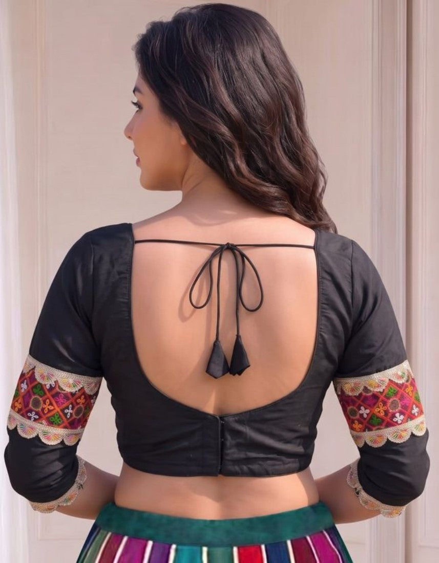 Generic Women's Cotton Blend Embroidered 3/4 Sleeve V-Neck Padded Readymade Blouse (Black, Size 38 - Self-Alterable 36�40)