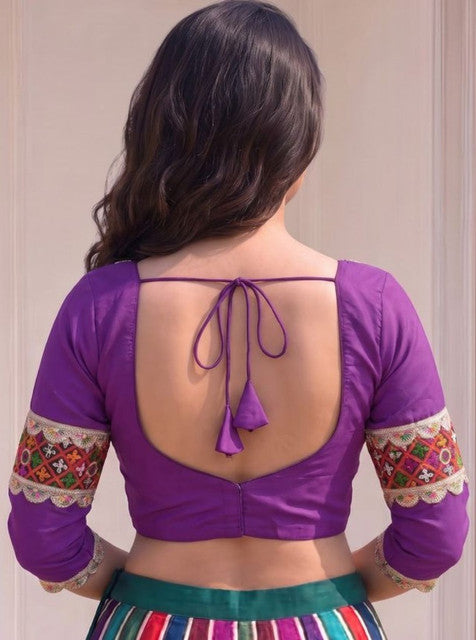 Generic Women's Cotton Blend Embroidered 3/4 Sleeve V-Neck Padded Readymade Blouse (Purple, Size 38 - Self-Alterable 36�40)