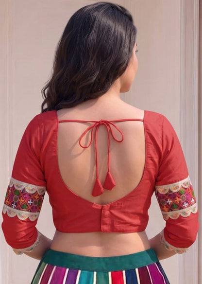Generic Women's Cotton Blend Embroidered 3/4 Sleeve V-Neck Padded Readymade Blouse (Red, Size 38 - Self-Alterable 36�40)