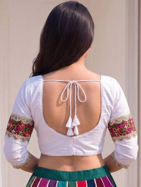 Generic Women's Cotton Blend Embroidered 3/4 Sleeve V-Neck Padded Readymade Blouse (White, Size 38 - Self-Alterable 36�40)