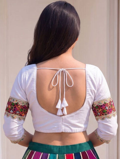 Generic Women's Cotton Blend Embroidered 3/4 Sleeve V-Neck Padded Readymade Blouse (White, Size 38 - Self-Alterable 36�40)