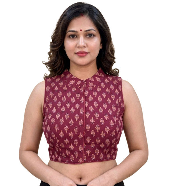 Generic Women's Ajrakh Cotton Ajarkh Sleeveless Collar Neck Padded Readymade Blouse (Maroon, Size 38 - Self-Alterable 36�40)