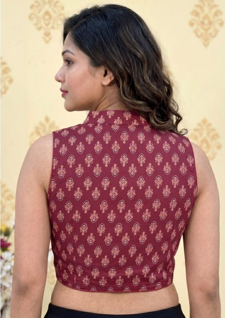 Generic Women's Ajrakh Cotton Ajarkh Sleeveless Collar Neck Padded Readymade Blouse (Maroon, Size 38 - Self-Alterable 36�40)