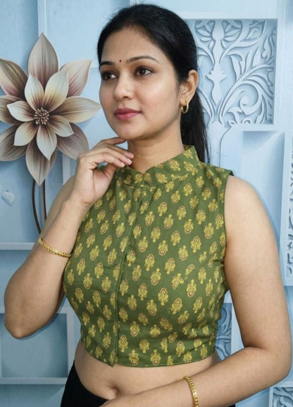 Generic Women's Ajrakh Cotton Ajarkh Sleeveless Collar Neck Padded Readymade Blouse (Olive, Size 38 - Self-Alterable 36�40)