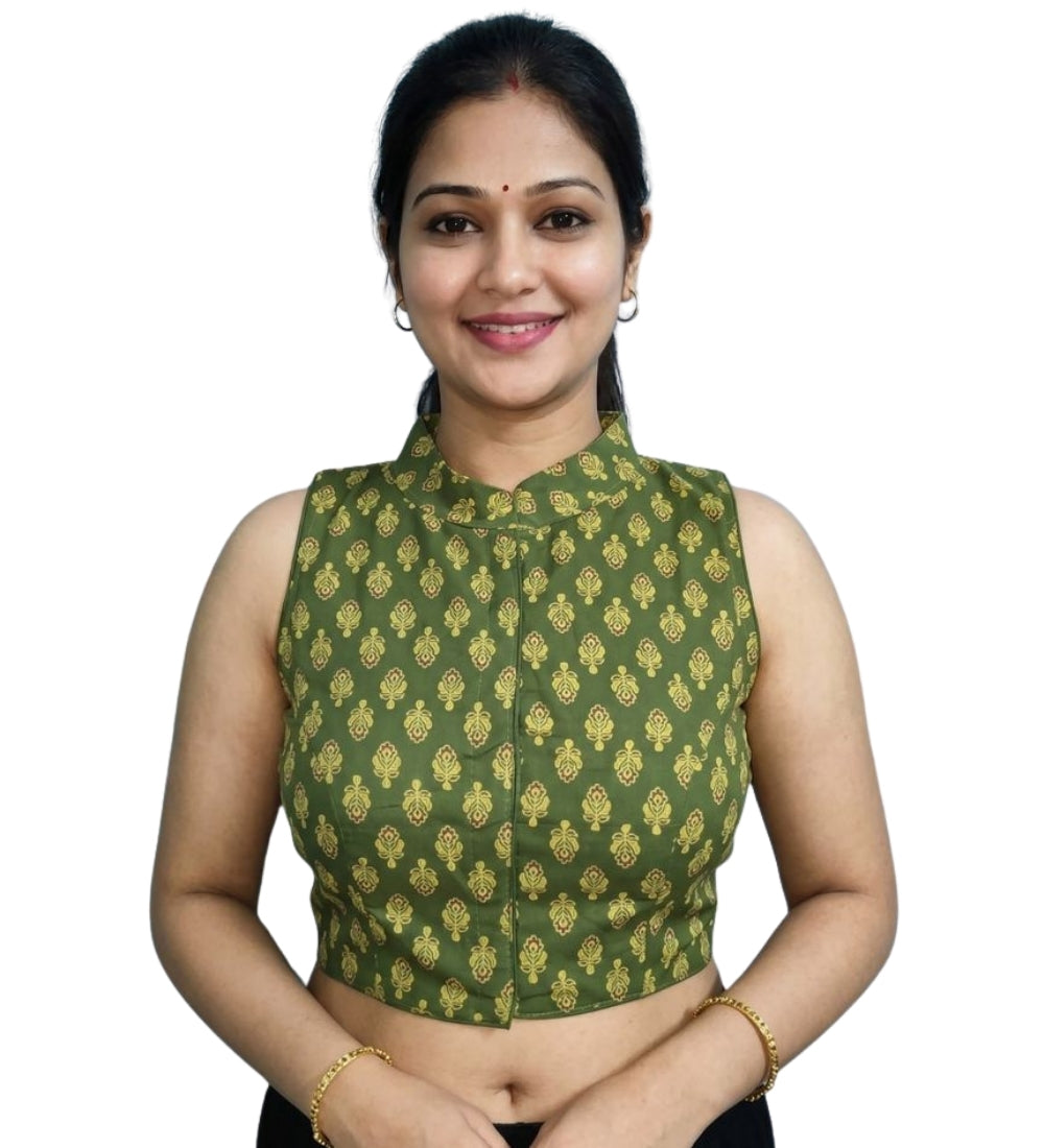 Generic Women's Ajrakh Cotton Ajarkh Sleeveless Collar Neck Padded Readymade Blouse (Olive, Size 38 - Self-Alterable 36�40)