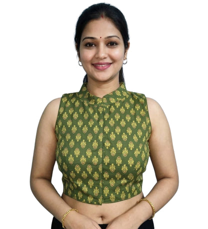 Generic Women's Ajrakh Cotton Ajarkh Sleeveless Collar Neck Padded Readymade Blouse (Olive, Size 38 - Self-Alterable 36�40)