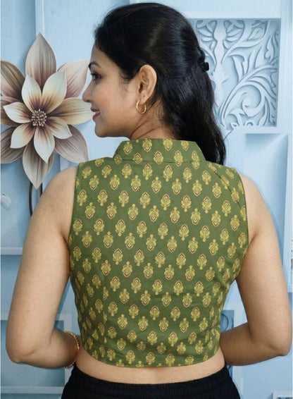 Generic Women's Ajrakh Cotton Ajarkh Sleeveless Collar Neck Padded Readymade Blouse (Olive, Size 38 - Self-Alterable 36�40)