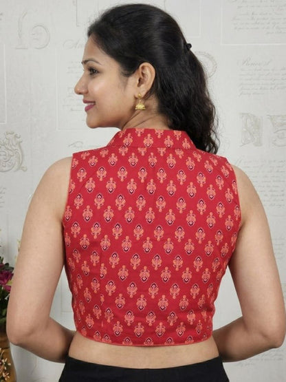 Generic Women's Ajrakh Cotton Ajarkh Sleeveless Collar Neck Padded Readymade Blouse (Red, Size 38 - Self-Alterable 36�40)