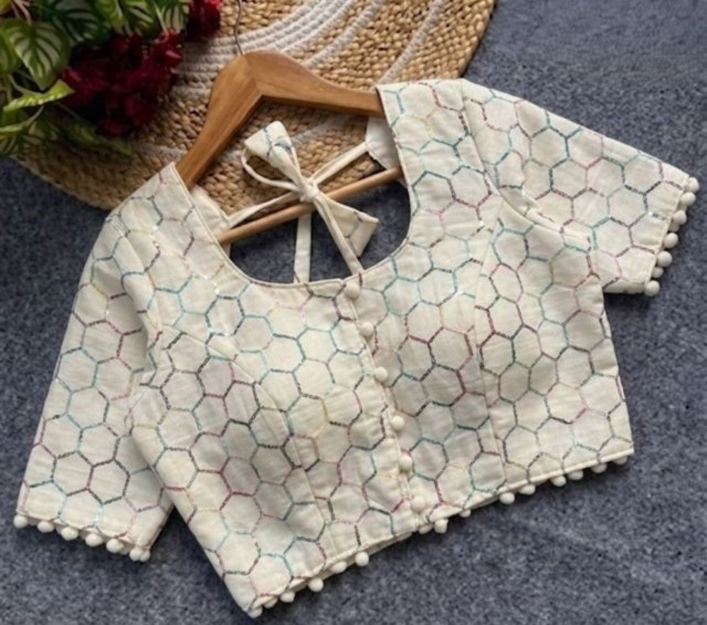 Generic Women's Cotton Printed Half sleeve Round Neck Padded Readymade Blouse (Cream, Size 38 - Self-Alterable 36�40)