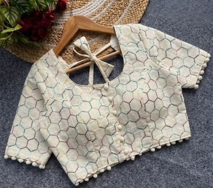 Generic Women's Cotton Printed Half sleeve Round Neck Padded Readymade Blouse (Cream, Size 38 - Self-Alterable 36�40)