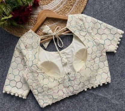 Generic Women's Cotton Printed Half sleeve Round Neck Padded Readymade Blouse (Cream, Size 38 - Self-Alterable 36�40)