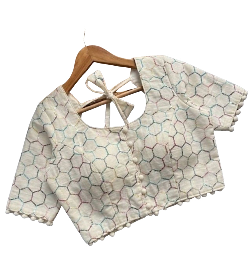 Generic Women's Cotton Printed Half sleeve Round Neck Padded Readymade Blouse (Cream, Size 38 - Self-Alterable 36�40)