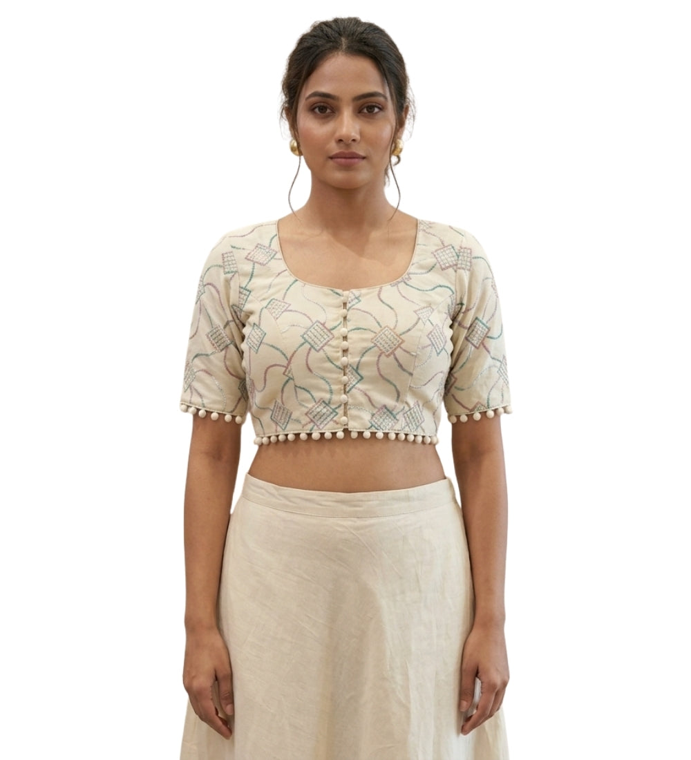 Generic Women's Cotton Printed Half sleeve Round Neck Padded Readymade Blouse (Cream, Size 38 - Self-Alterable 36�40)