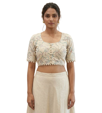 Generic Women's Cotton Printed Half sleeve Round Neck Padded Readymade Blouse (Cream, Size 38 - Self-Alterable 36�40)