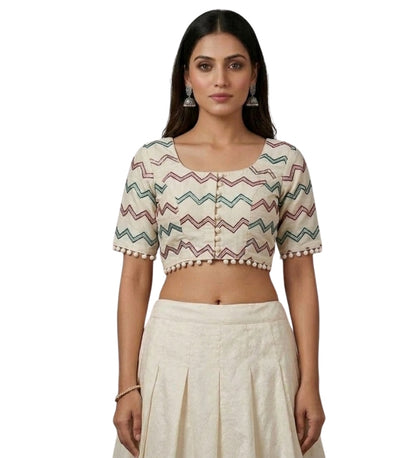 Generic Women's Cotton Printed Half sleeve Round Neck Padded Readymade Blouse (Cream, Size 38 - Self-Alterable 36�40)