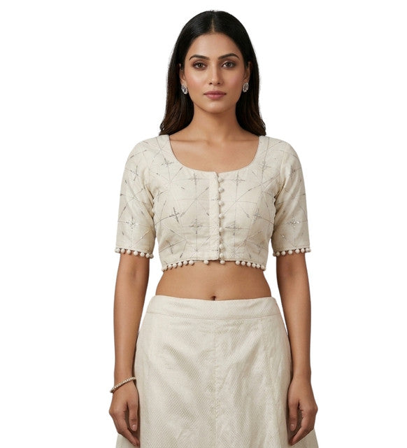 Generic Women's Cotton Printed Half sleeve Round Neck Padded Readymade Blouse (Cream, Size 38 - Self-Alterable 36�40)