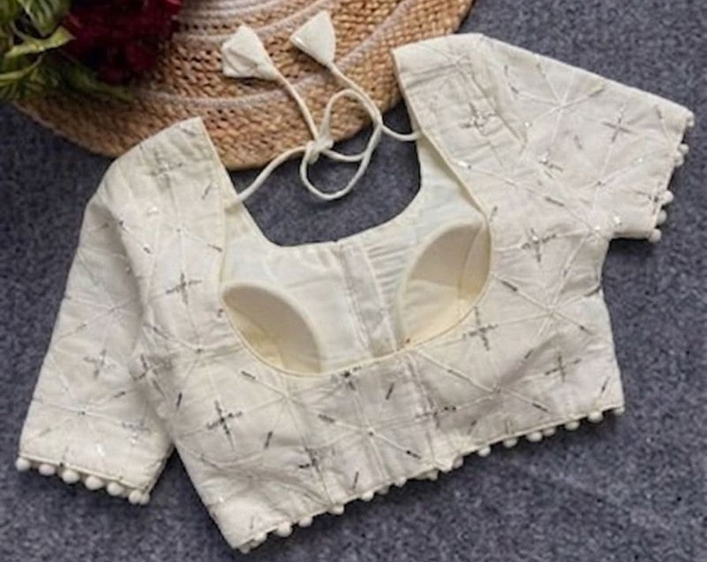 Generic Women's Cotton Printed Half sleeve Round Neck Padded Readymade Blouse (Cream, Size 38 - Self-Alterable 36�40)