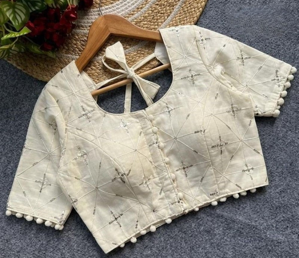 Generic Women's Cotton Printed Half sleeve Round Neck Padded Readymade Blouse (Cream, Size 38 - Self-Alterable 36�40)