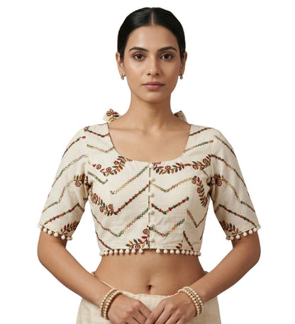 Generic Women's Cotton Printed Half sleeve Round Neck Padded Readymade Blouse (Cream, Size 38 - Self-Alterable 36�40)