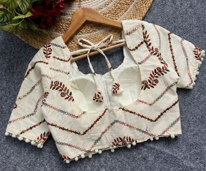 Generic Women's Cotton Printed Half sleeve Round Neck Padded Readymade Blouse (Cream, Size 38 - Self-Alterable 36�40)