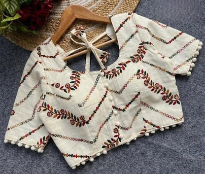 Generic Women's Cotton Printed Half sleeve Round Neck Padded Readymade Blouse (Cream, Size 38 - Self-Alterable 36�40)