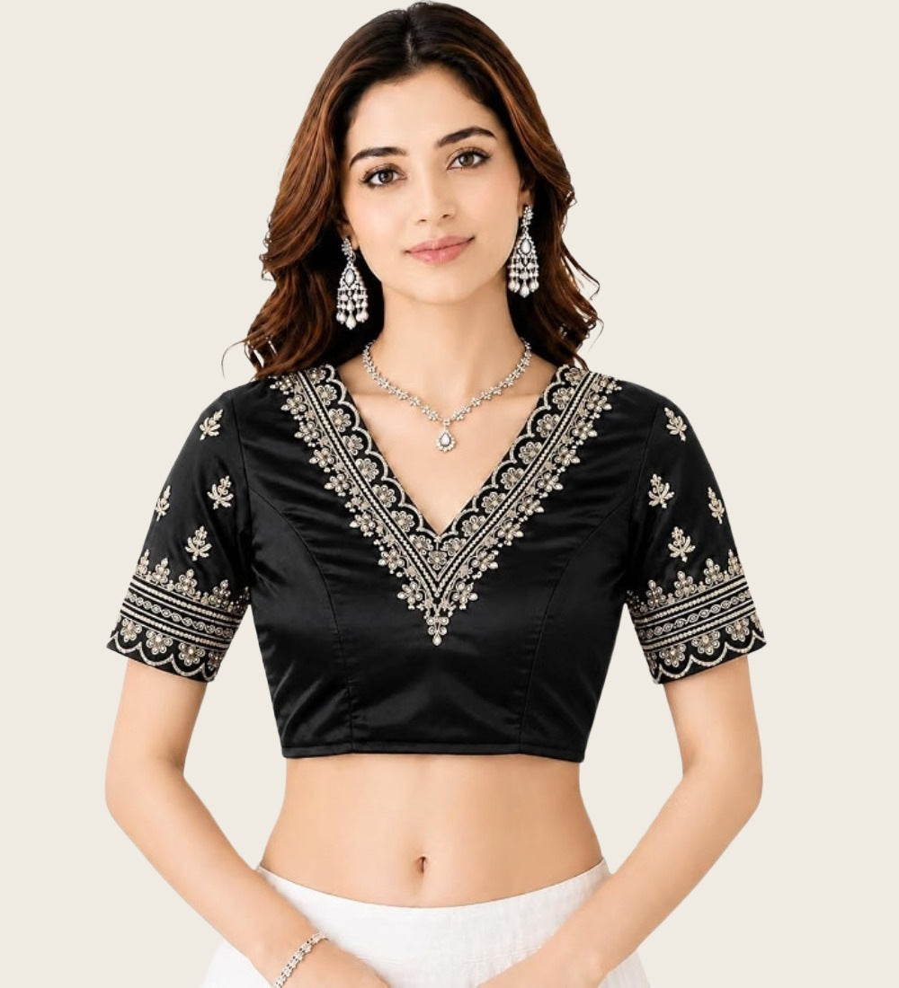 Generic Women's Satin Embroidered Half sleeve V-Neck Padded Readymade Blouse (Black, Size 38 - Self-Alterable 36�40)