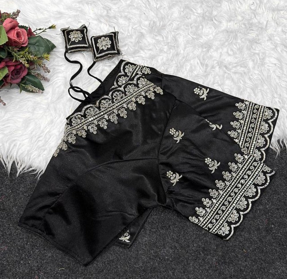 Generic Women's Satin Embroidered Half sleeve V-Neck Padded Readymade Blouse (Black, Size 38 - Self-Alterable 36�40)