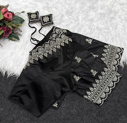 Generic Women's Satin Embroidered Half sleeve V-Neck Padded Readymade Blouse (Black, Size 38 - Self-Alterable 36�40)