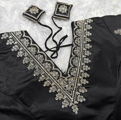 Generic Women's Satin Embroidered Half sleeve V-Neck Padded Readymade Blouse (Black, Size 38 - Self-Alterable 36�40)