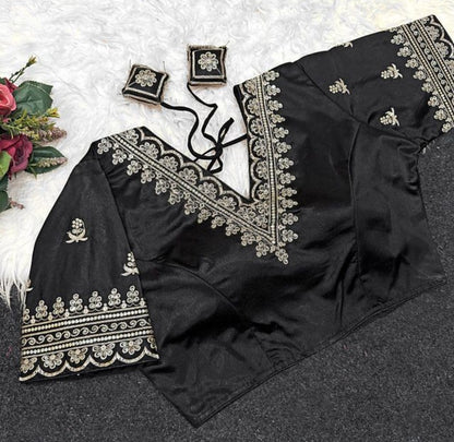 Generic Women's Satin Embroidered Half sleeve V-Neck Padded Readymade Blouse (Black, Size 38 - Self-Alterable 36�40)