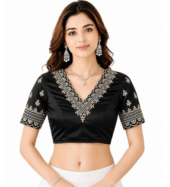 Generic Women's Satin Embroidered Half sleeve V-Neck Padded Readymade Blouse (Black, Size 38 - Self-Alterable 36�40)